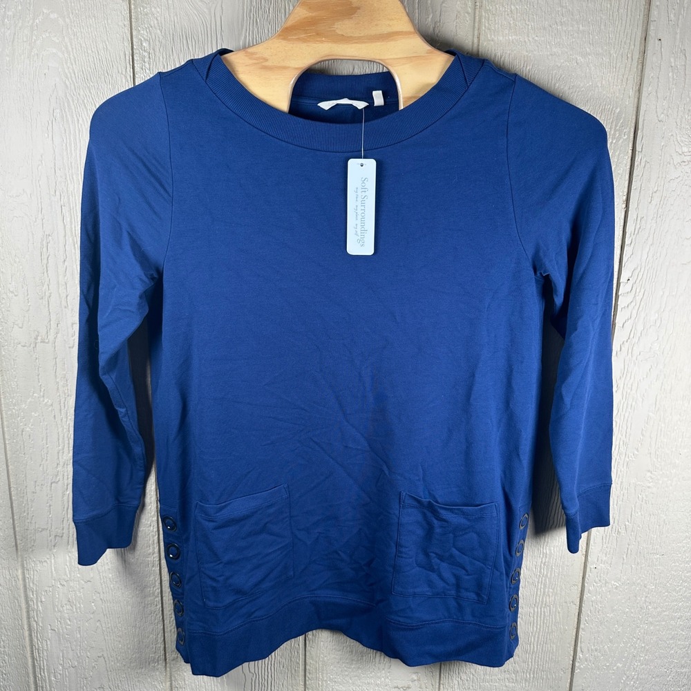 NEW Soft Surroundings Make it Snappy Pullover Tunic Sweatshirt Large Blue Pocket